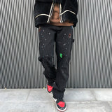 2023 streetwear graffiti cargo flared jeans khaki black splash ink wide leg denim pant hip hop cargo trousers jean men multi-pocket cargos
