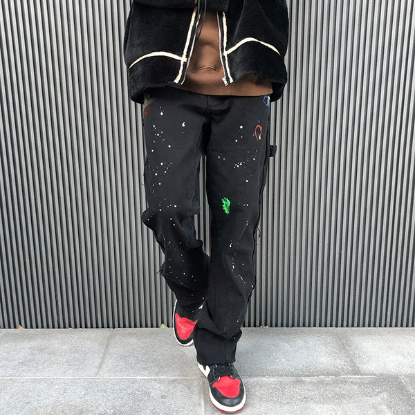 2023 streetwear graffiti cargo flared jeans khaki black splash ink wide leg denim pant hip hop cargo trousers jean men multi-pocket cargos