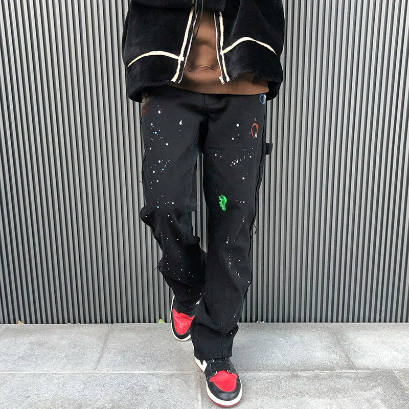 2023 streetwear graffiti cargo flared jeans khaki black splash ink wide leg denim pant hip hop cargo trousers jean men multi-pocket cargos