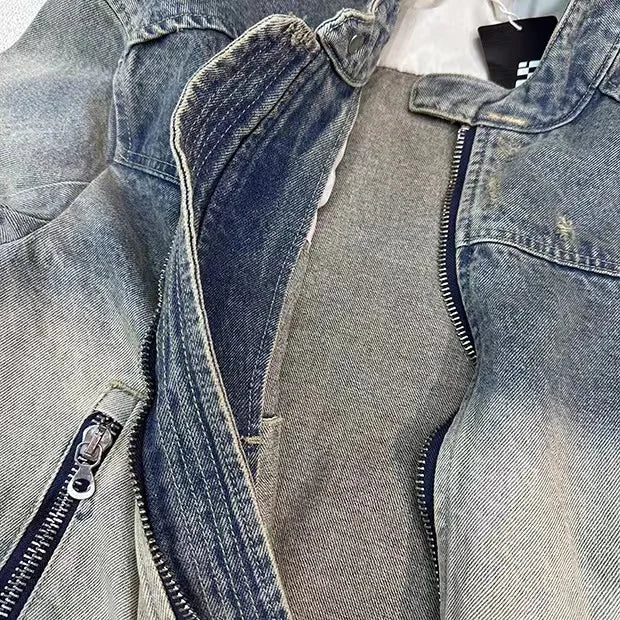 casual layering jacket featuring collarless wash denim motorcycle jacket design – premium quality jacket for men