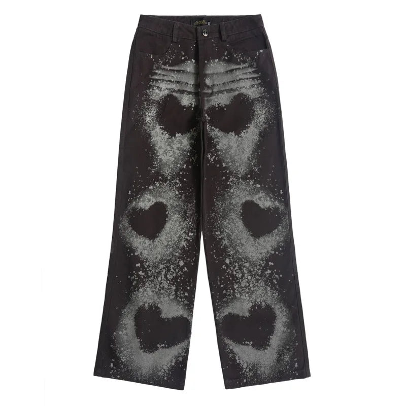 fashion loose streetwear denim pants unisex casual graffiti print wide legs jean pants hip hop trousers joggers mens baggy jeans sporty tapered joggers