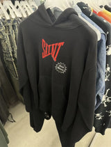 Urban goth hoodie with barbed wire and gothic text artwork