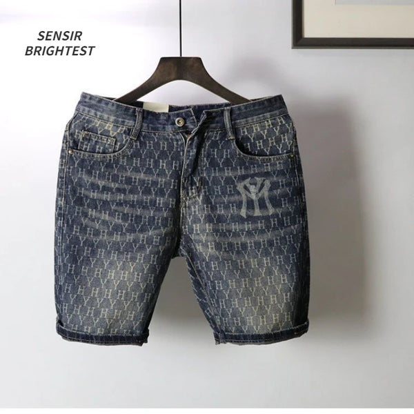 european and american fashion brand cowboy middle pants mens five point shorts non fading washed printed denim shorts stacked flare jeans