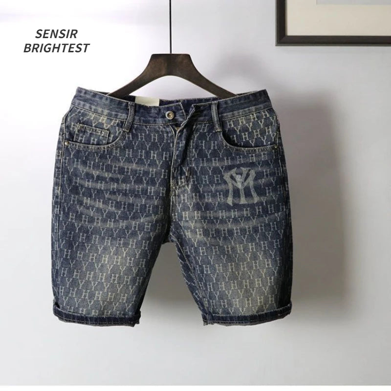european and american fashion brand cowboy middle pants mens five point shorts non fading washed printed denim shorts stacked flare jeans