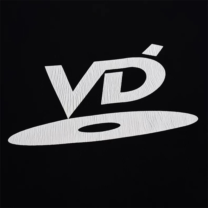 Vintage High Street Black and White Disc Letter Embroidered Round Neck Short Sleeve Heavy Duty Casual Loose T-shirt Hip Hop