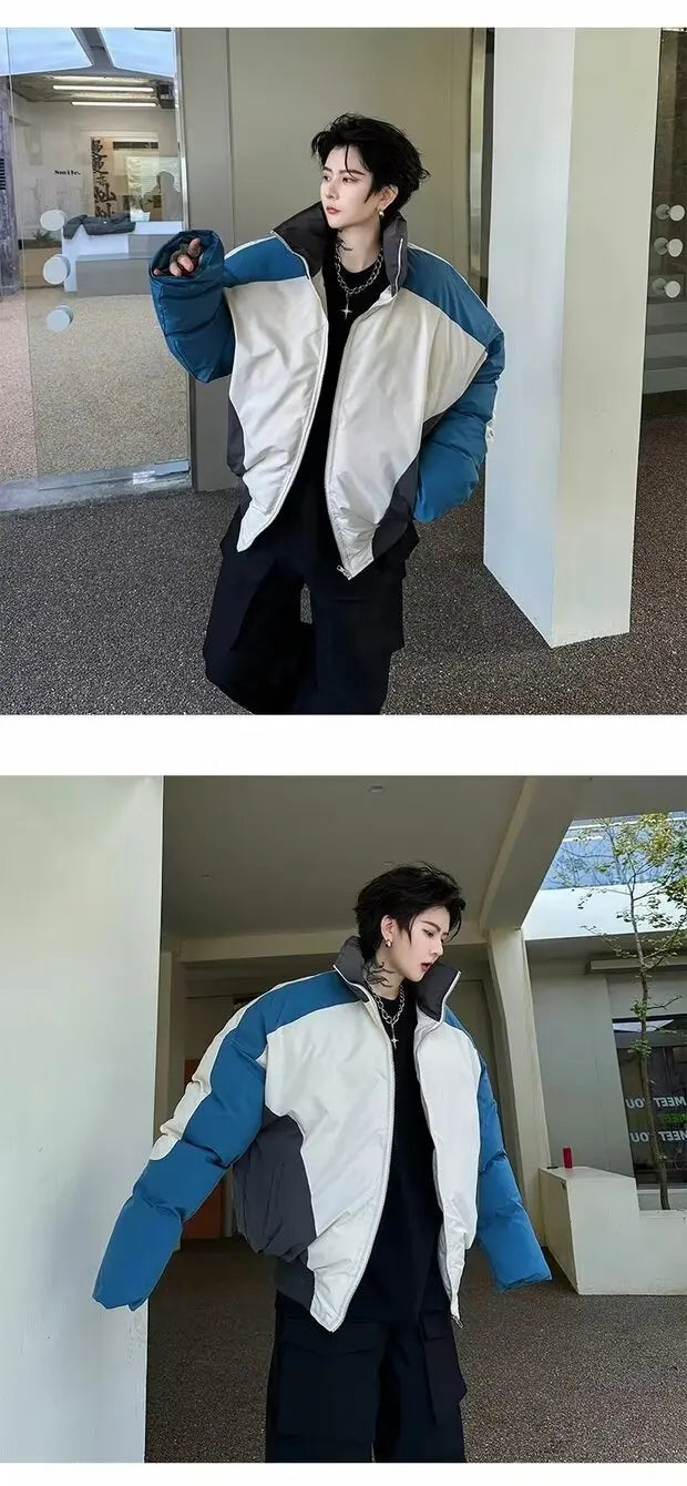 Retro Stand Collar Winter Jacket Men Zip Up Patchwork Cotton-padded Lightweight Parkas Spring Unisex Loose Autumn Short Outwear