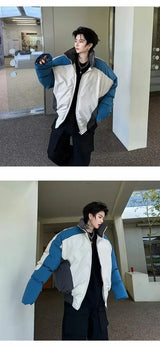 Retro Stand Collar Winter Jacket Men Zip Up Patchwork Cotton-padded Lightweight Parkas Spring Unisex Loose Autumn Short Outwear