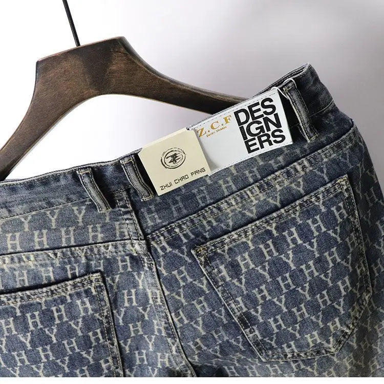 european and american fashion brand cowboy middle pants mens five point shorts non fading washed printed denim shorts unique jeans style 2070