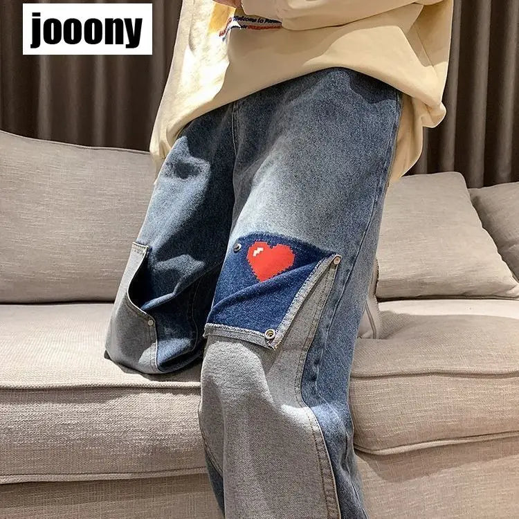 men jeans patchwork multi pocket couple denim pants beggar style cargo pants high street casual male streetwear unique cargo style 2401