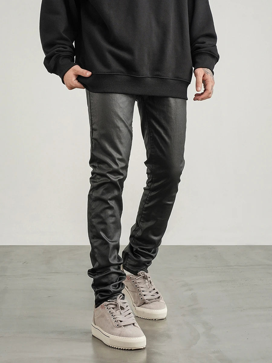 men pants high street wax coating pant casual streetwear hip hop zipper trousers harajuku fashion slim fit skinny pants joggers unique joggers style 2128