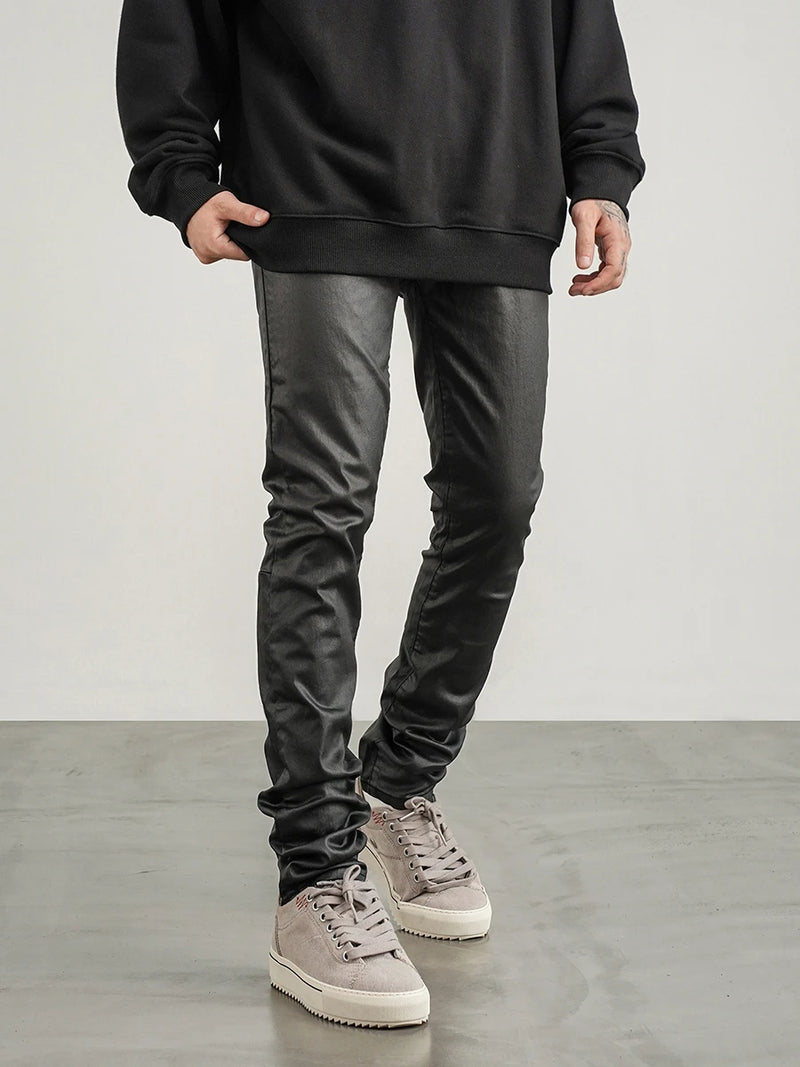 men pants high street wax coating pant casual streetwear hip hop zipper trousers harajuku fashion slim fit skinny pants joggers unique joggers style 2128