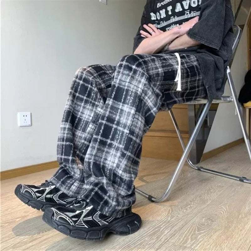 new mens y2k plaid casual baggy trousers autumn korean fashion straight woolen pants y2k vintage streetwear pantalones hombre urban fashion pants