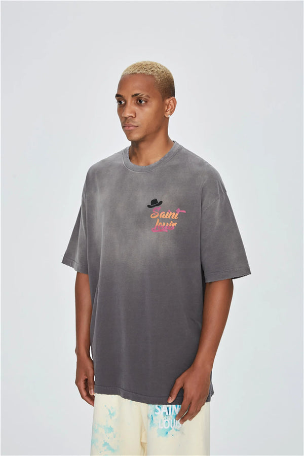 Trapwear Aesthetic print tee – 24Ss Future Vintage Style Western Gradient Logo Metal Print