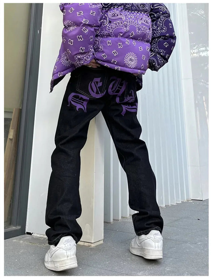 y2k retro sanskrit black jeans street casual pants punk male hip hop print loose harajuku mens straight pants ins hot sale unique jeans style 4761