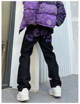 y2k retro sanskrit black jeans street casual pants punk male hip hop print loose harajuku mens straight pants ins hot sale unique jeans style 4761