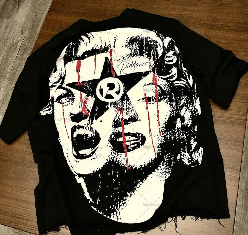 Skatercore Streetwear top – 2024 Summer American High Street Portrait Print Oversized Sh