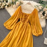 Chic Elegant Square Collar Maxi Dress Women Solid Chiffon Puff Sleeve Dresses 2023 Korean Fashion Vintage Ruffle Vestidos