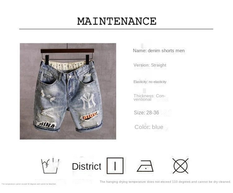 Men's Denim Shorts With Holes Washed Korean Style Straight Quarter  Patch Casual Jeans