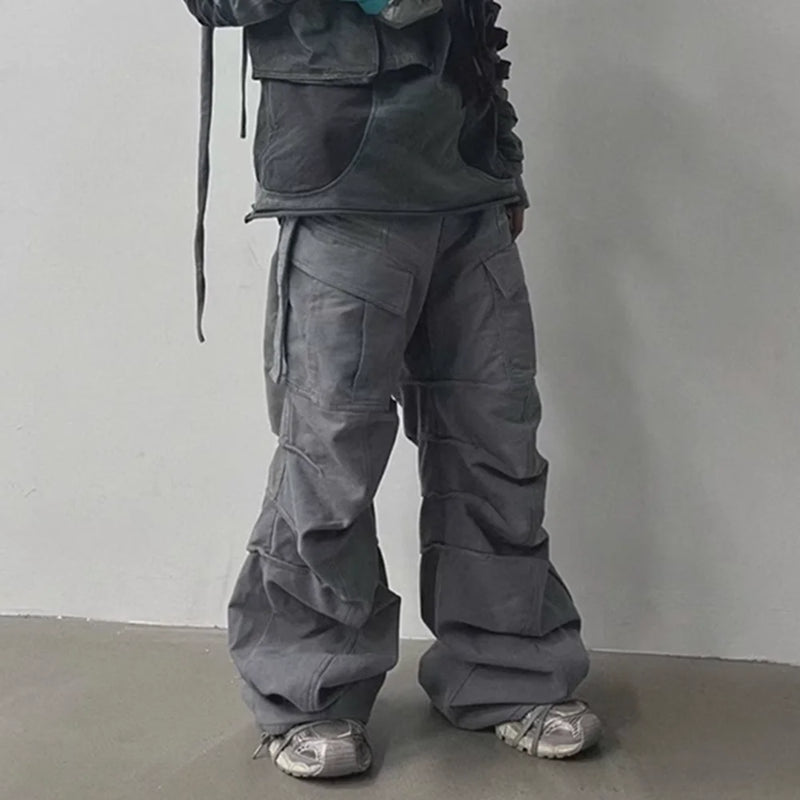 streetwear big pockets sashes pleated baggy jeans for men and women washed straight casual cargo pants oversize denim trousers 1 unique cargo style 74