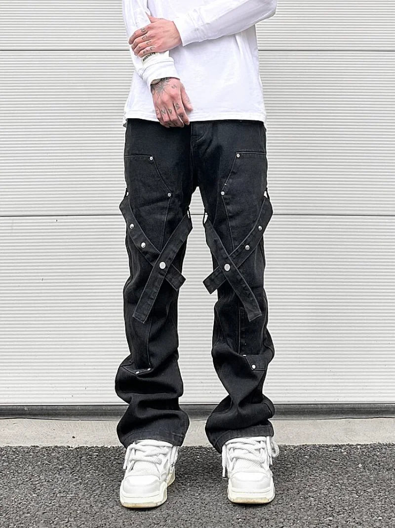 fashion knee adjust belt decoration denim jeans zipper straight jeans hip hop streetwear mens casual loose joggers jeans pants casual joggers