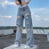 streetwear straight pants ladies ripped jeans mid waist loose wide leg pants ladies jeans y2k summer high street cargo pants multi-pocket cargos