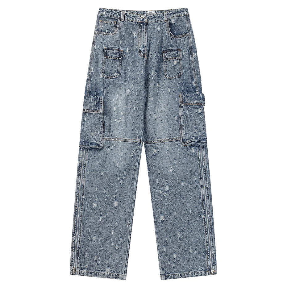 distressed ripped vintage blue baggy jeans men multi pocket cargo jeans casual loose denim pants streetwear harajuku jeans unique cargo style 5763