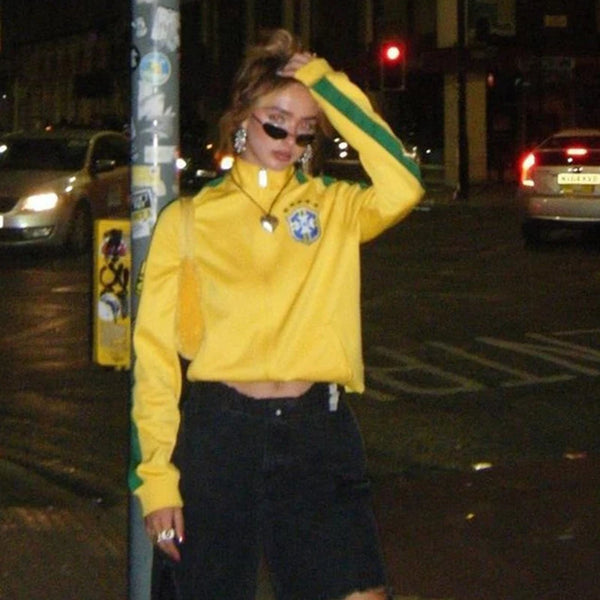 2000s Retro Grunge Gothic Jacket Coat Y2K Aesthetic Vintage Yellow Sweatshirts Letter Embroidery Graphic Pattern Zip Up Coat