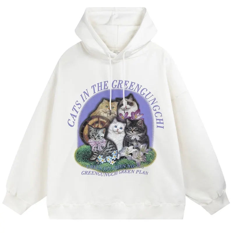 Vintage Hoodie Streetwear Hip Hop Retro Cats Print Hooded Sweatshirt M