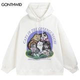 Vintage Hoodie Streetwear Hip Hop Retro Cats Print Hooded Sweatshirt M
