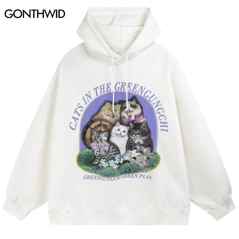 Vintage Hoodie Streetwear Hip Hop Retro Cats Print Hooded Sweatshirt M