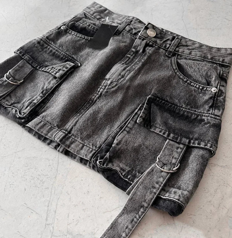 Vintage Y2K New Harajuku Multiple Pockets Denim Plaid Skirt Goth Black Mini Skir Fashion Womens Casual Versatile Sexy Streetwear