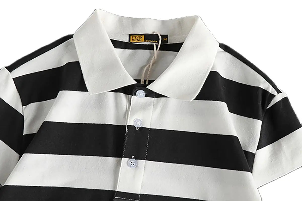 Trapwear Graphic tee – Summer Striped Polo T Shirt Mens New Retro Trend Washed Elas