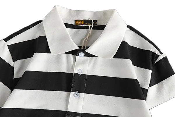 Trapwear Graphic tee – Summer Striped Polo T Shirt Mens New Retro Trend Washed Elas