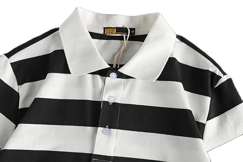 Trapwear Graphic tee – Summer Striped Polo T Shirt Mens New Retro Trend Washed Elas