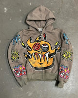 Street Fashion Brand Retro Zipper Hoodie Men Anime Graffiti Print Over