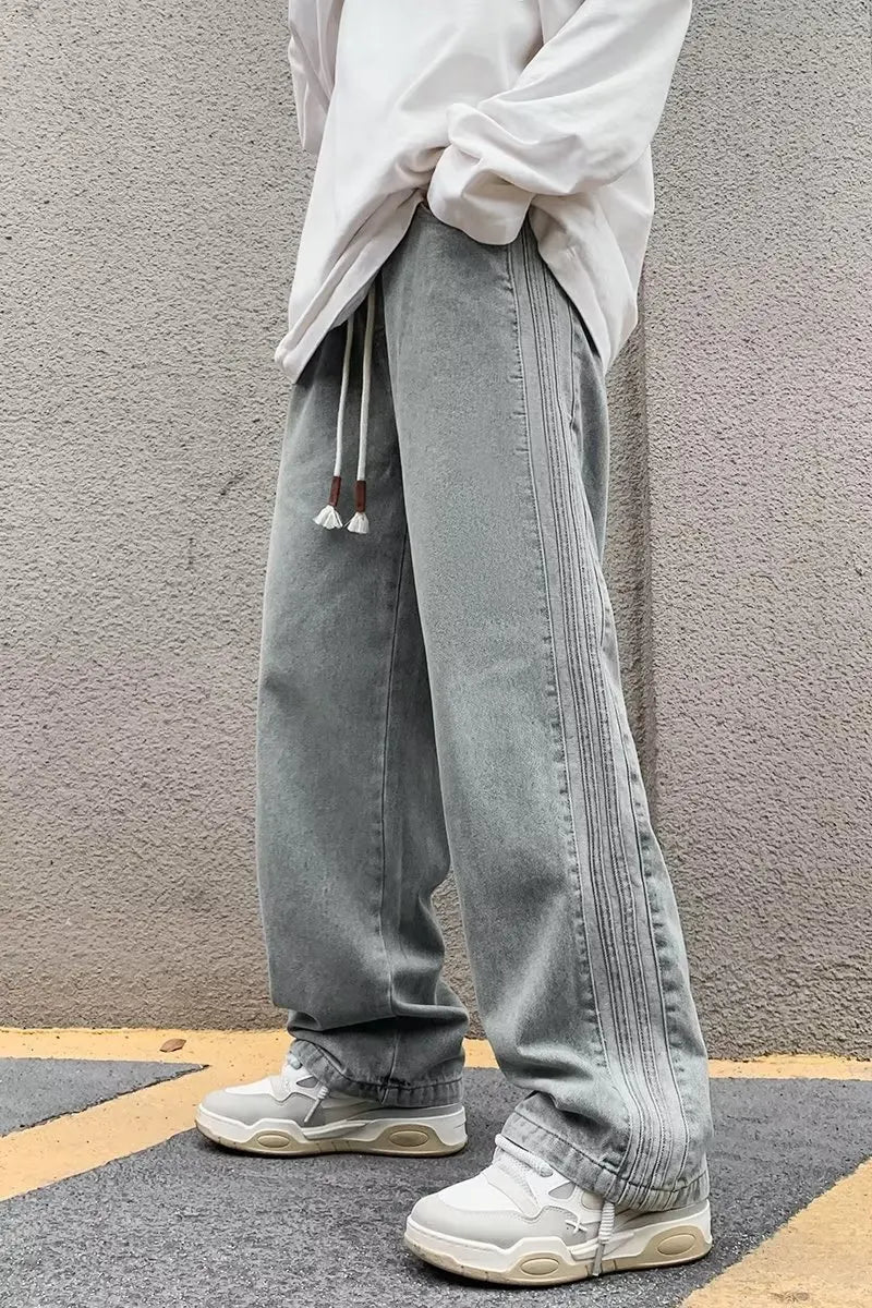 men jeans straight leg jeans boys american fashion wash old side stripes wide leg pants autumn vintage overalls vintage washed jeans