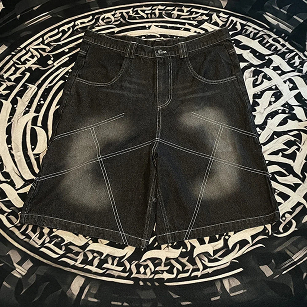 color match pocket washed baggy jeans shorts for men and women wide leg streetwear casual over knee length denim pants unique jeans style 4701