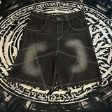 color match pocket washed baggy jeans shorts for men and women wide leg streetwear casual over knee length denim pants unique jeans style 4701