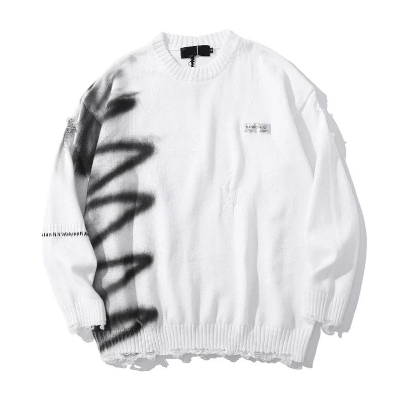 rainbowtouches luxury graffiti hip hop pullover hole oversize sweater men fashion vintage loose long sleeve harajuku sweater aesthetic street look hoodie, Y2K vintage urban hoodie, urban wear with bold artwork