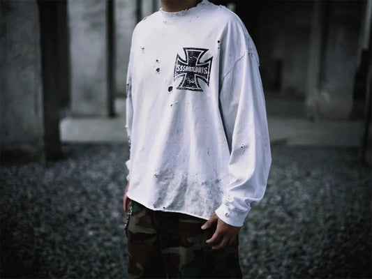 sssaint Louis Vintage Dirty Worn Distressed Cross Print High-Street Graffiti Long Sleeve T Shirt Pullover Summer