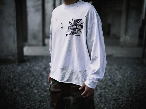 sssaint Louis Vintage Dirty Worn Distressed Cross Print High-Street Graffiti Long Sleeve T Shirt Pullover Summer