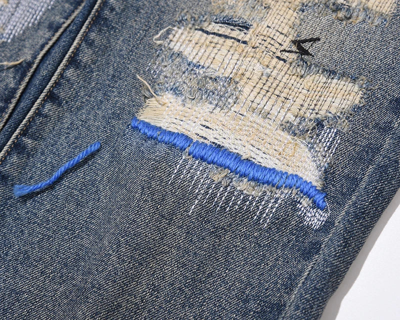 hole ripped retro straight spliced mens jeans streetwear washed pcoekts distressed denim trousers loose hip hop jean pants unique jeans style 530