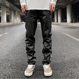 harajuku black jeans mens vibe waxed casual trousers straight pockets oversized pencil pants loose hip hop mens pants unique jeans style 4453