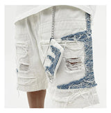 Mens High Street Denim Jean Shorts Casual Loose Destroyed Ripped Holes Loose Shorts Patchwork Hip Hop Streetwear Short Joggers