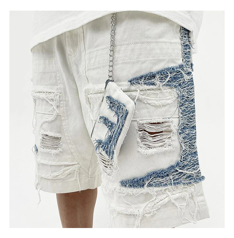 Mens High Street Denim Jean Shorts Casual Loose Destroyed Ripped Holes Loose Shorts Patchwork Hip Hop Streetwear Short Joggers