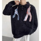 bold graphic pullover, layered streetwear look, soft knit pullover with flame design, y2k fashion statement