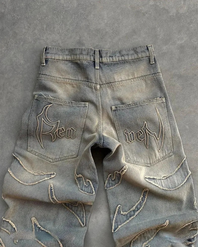 new hot selling ripped raw edge embroidered denim trousers retro harajuku baggy jeans y2k men women hip hop punk casual pants unique jeans style 836