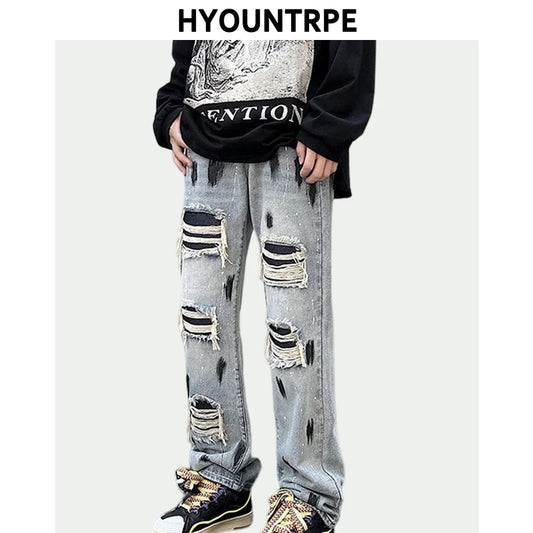 graffiti printed ripped destroied denim jean mens distressed biker jeans trousers new fashion high street straight pants joggers sporty tapered joggers