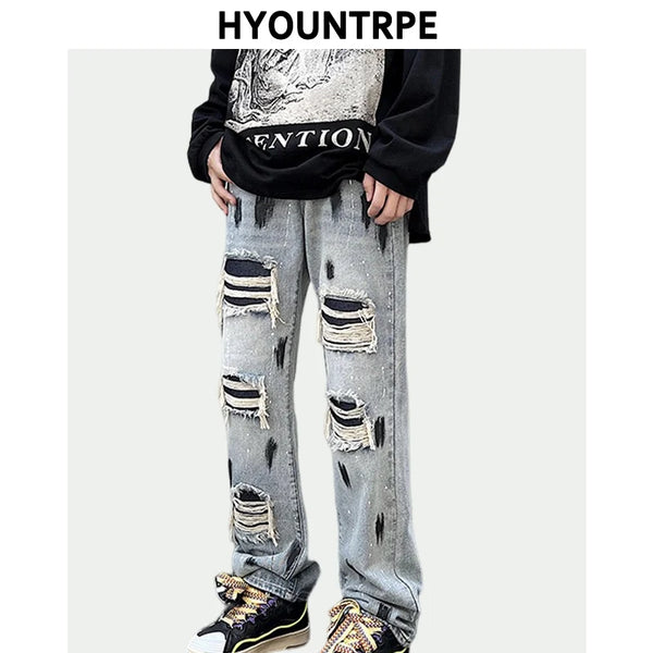 graffiti printed ripped destroied denim jean mens distressed biker jeans trousers new fashion high street straight pants joggers sporty tapered joggers