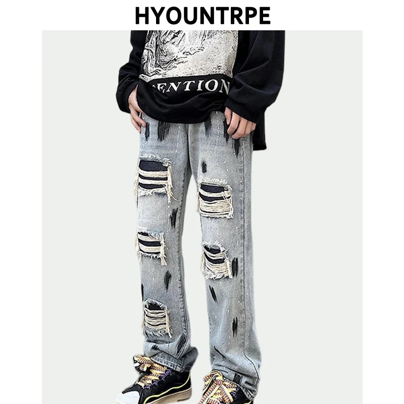 graffiti printed ripped destroied denim jean mens distressed biker jeans trousers new fashion high street straight pants joggers sporty tapered joggers